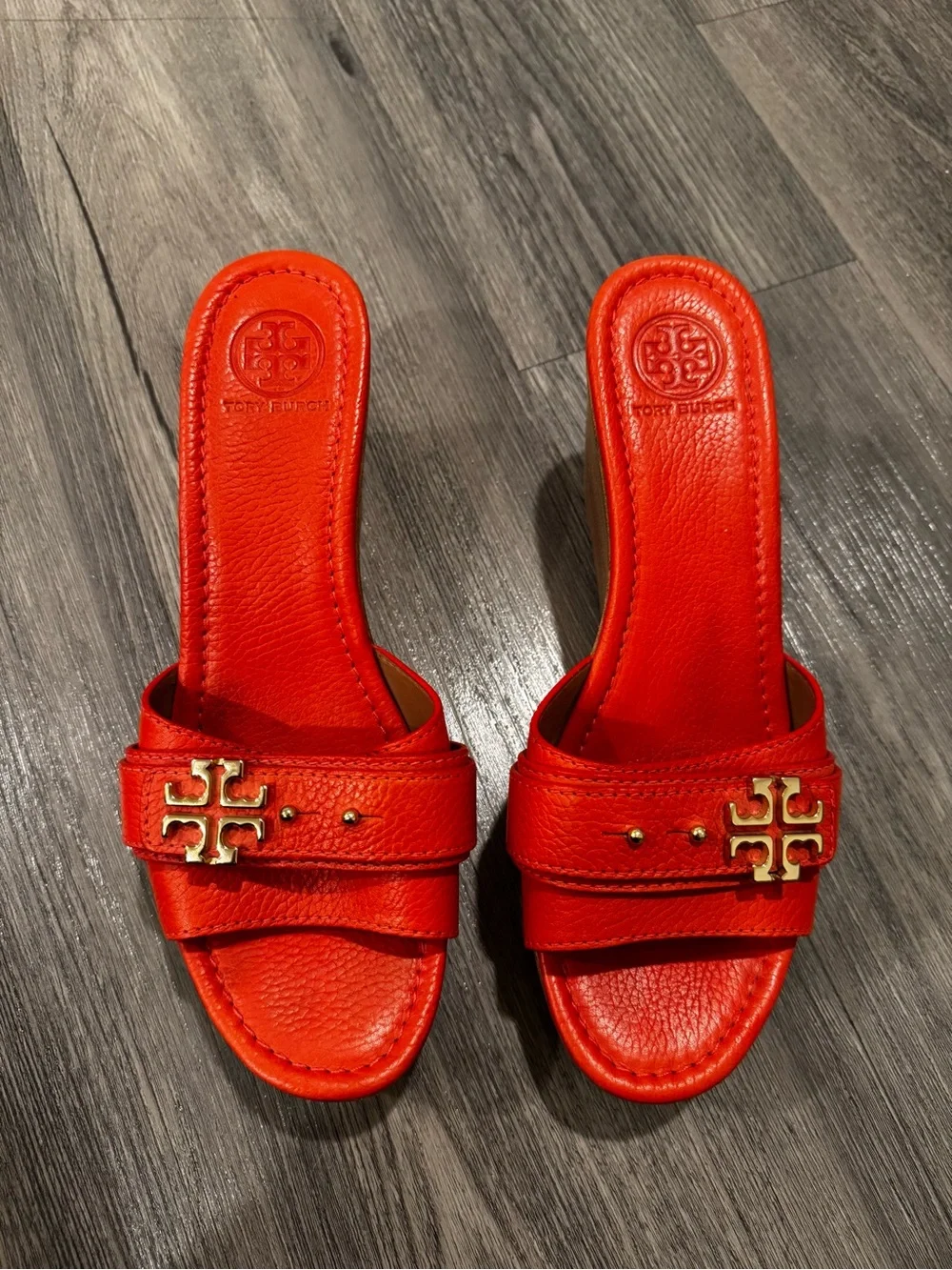 Tory Burch Bright Orange Elina Leather Logo Wedge Slides Size 11